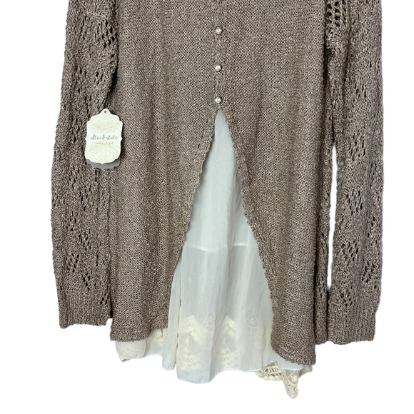 Altar'd State Size S/M Pointelle Knit Tunic Top Lace Trim Long Sleeve Taupe NWT - Picture 4 of 13